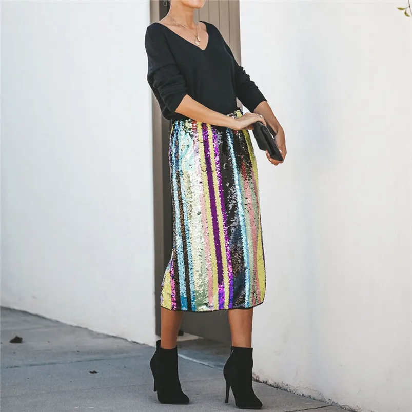 Sequins Skirt Of Women Sexy Patchwork Sequined Split Hem Party High Waist Skirt For Ladies 2019 Fashion Women Skirt R10 (5)