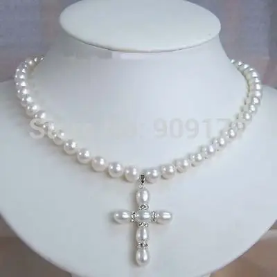 

FREE SHIPPING>@@>&>>Jewellery Genuine 7-8mm pearl cross pendant Necklace