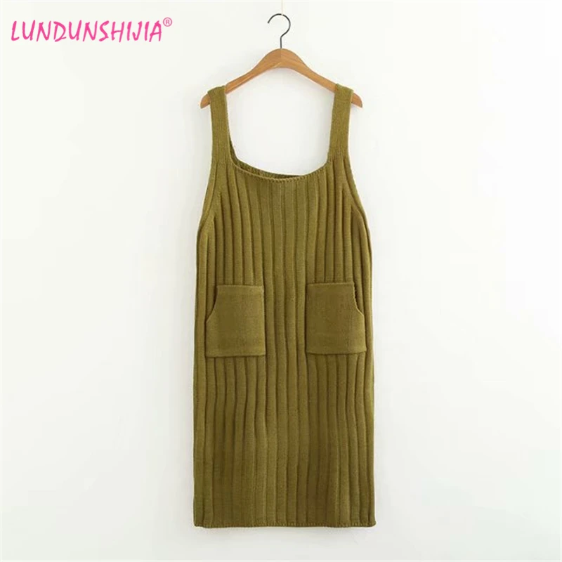 

LUNDUNSHIJIA 2018 New Arrival Autumn Women Knitting Strap Dress Fashion Casual College Wind Overalls Female Solid Midi Dresses