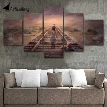 

ArtSailing 5 Piece canvas painting sunset railroad boy back shadow art wall Home Decoration For Living Room HD Prints Poster
