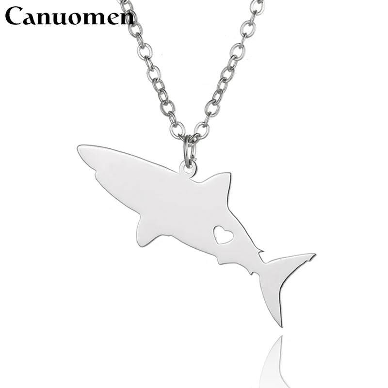 

Canuomen Shark Pendant Necklace with Love Heart Stainless Steel Sea Life Gold Color Link Chain for Men and Women Charm Jewelry