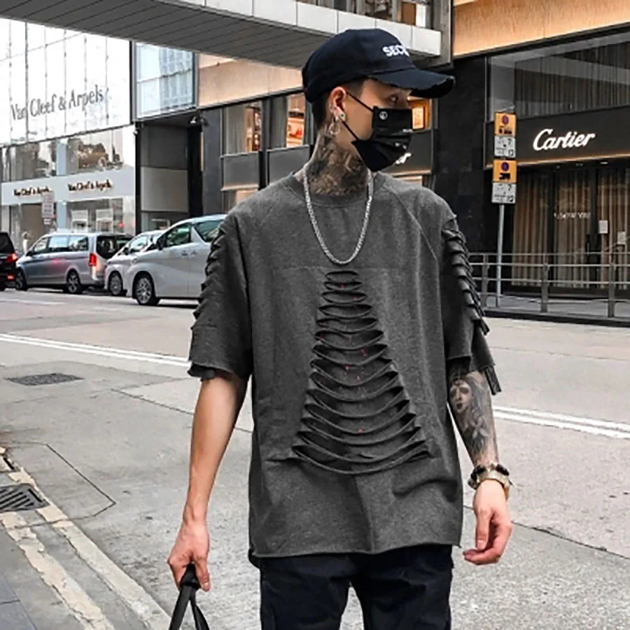Ripped t Shirts Men Punk Rock Rave t Shirt Psychedelic Hiphop Street Camisa Swag Rasgados Vintage Rap Mens Clothing Baggy DX533