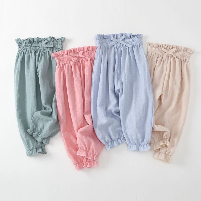 

1-7 Years Cotton Linen Children Pants Summer Solid Bow Pleated Children Pants for Baby Girls Pants Harem Pants for Kids Child