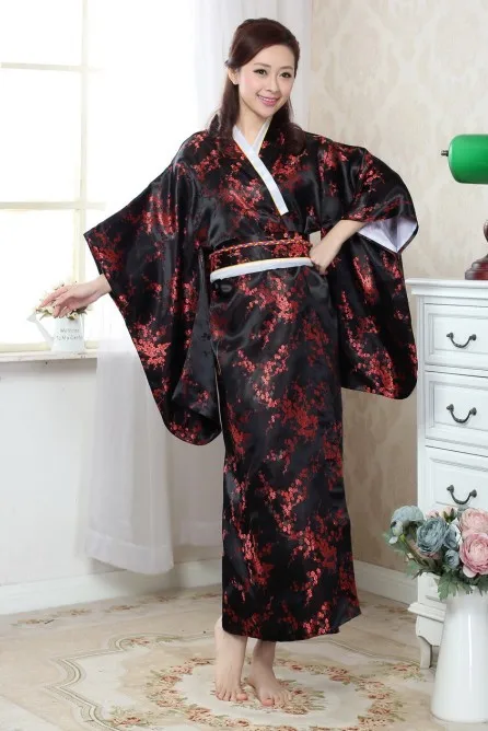 Black Vintage Japanese Womens Silk Satin Kimono Yukata Evening Dress 