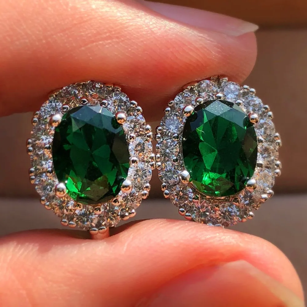 

Cute Female Green Oval Earrings Korean Style 925 Silver Small Clip Earrings Boho Double Zircon Stone Earrings For Women