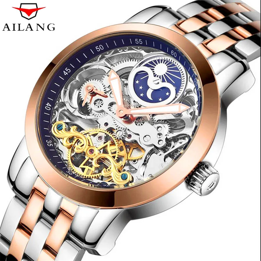 AILANG Skeleton Tourbillon модные повседневные дизайнерские механические мужские часы Топ бренд класса люкс автоматические часы мужские часы - Цвет: Black Rose gold
