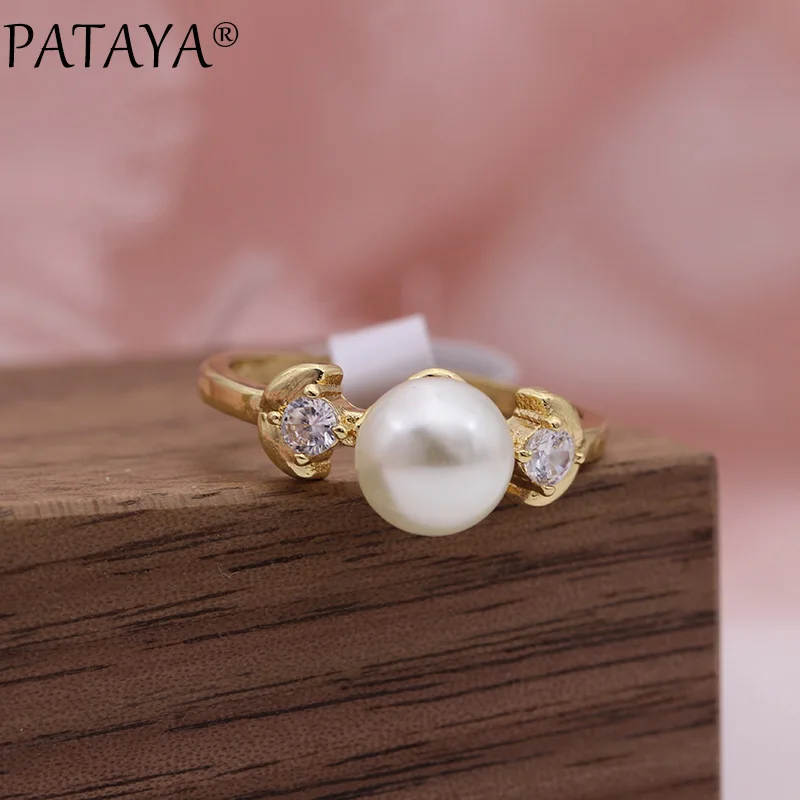 PATAYA New Champagne Gold Imitation Pearls Round Natural Zircon Rings Women Wedding Party Jewelry Leaf shape Girls Cute Ring