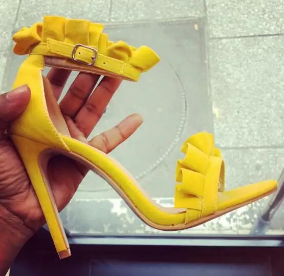 

Choudory 2017 Newest Yellow Ruffles Decorations high heel sandal sexy open toe ankle strap gladiator sandal woman high heel shoe