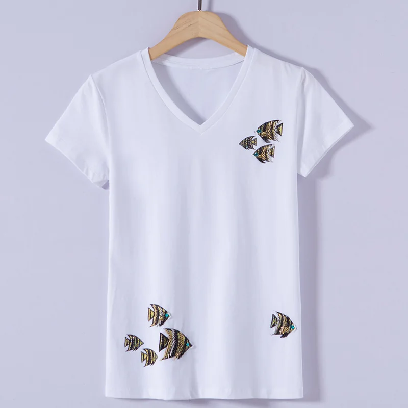 

2018 Women Summer Short Sleeve Fashion Sexy V Neck Beading Animal Fashion T Shirts Tops Female Casual Rhinestone Black T Shirt