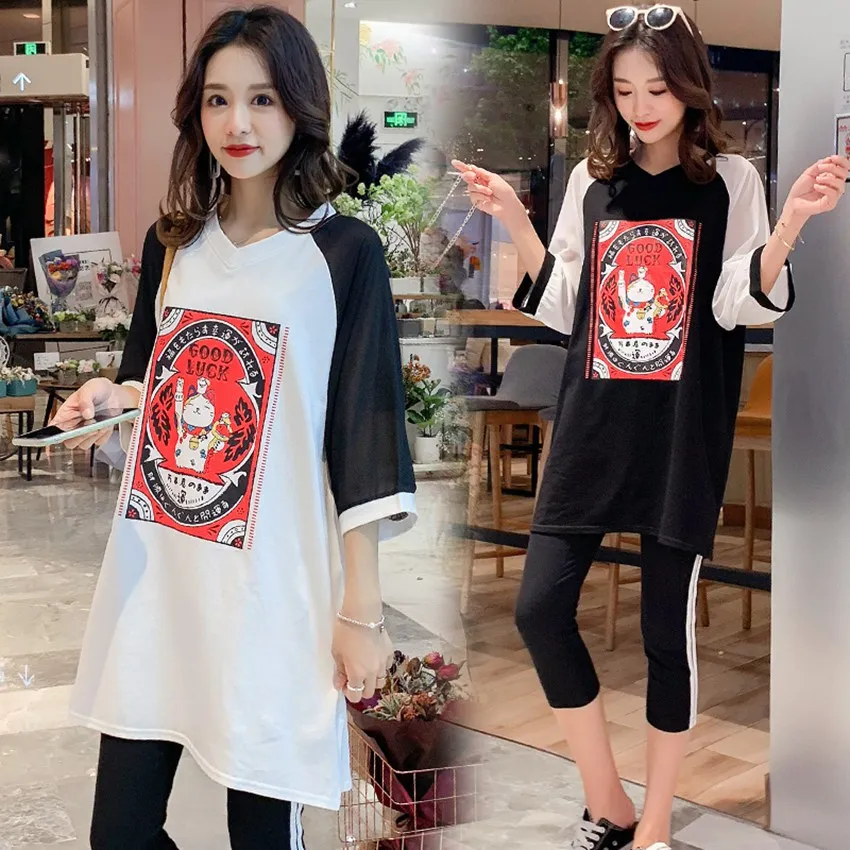 

Summer new Korean version of the pregnant women suit loose V-neck slim shirt + seven points stomach lift pants two-piece