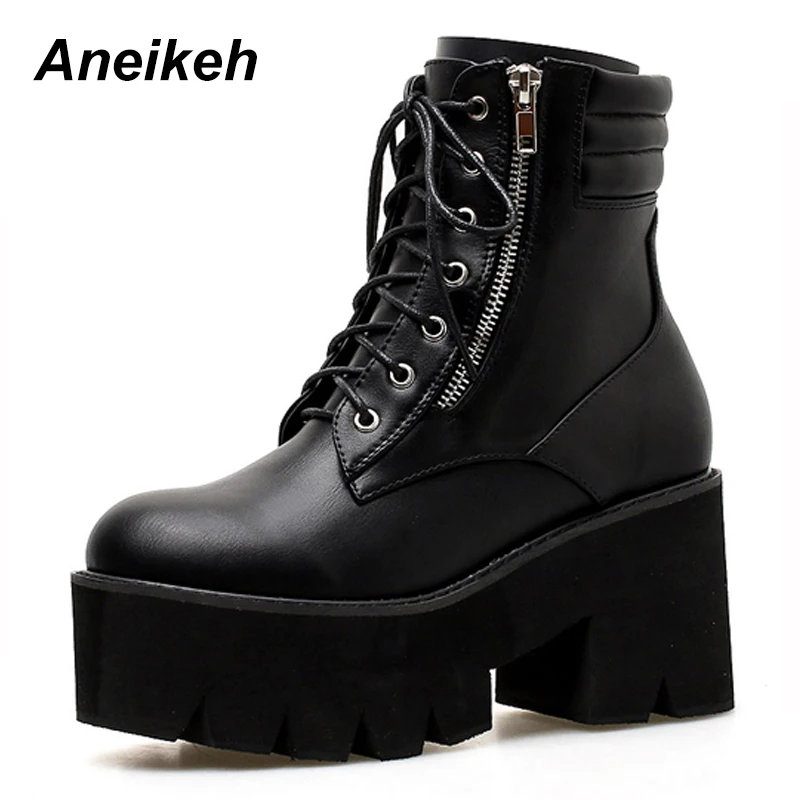 

Aneikeh Platform High Heels Sexy Motorcycle Snow Women Boots Fashion Ankle Autumn Round Toe Lace Up pu Leather Boots Shoes