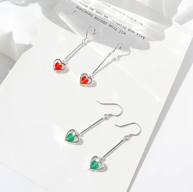 hollow heart green red earrings 100% 925 Sterling silver Jewelry fashion Hypoallergenic dangle earrings for girl gift