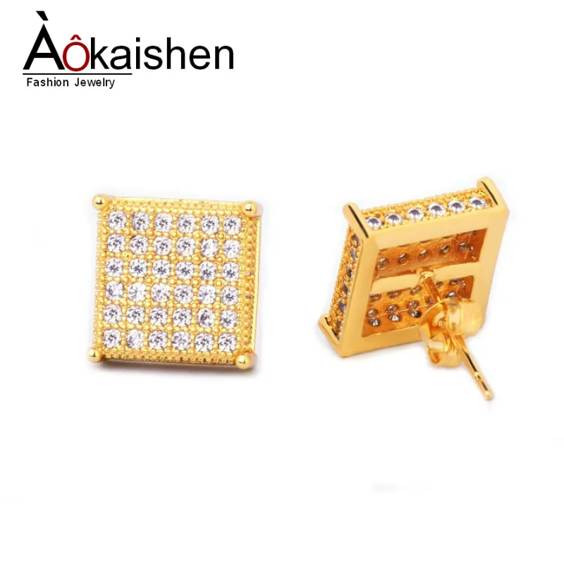 

Micro Pave Cubic Zircon Earring Gold Hip hop Jewelry Copper Iced Out AAA CZ Square Stud Earrings Push-back 12x12mm Drop Shipping