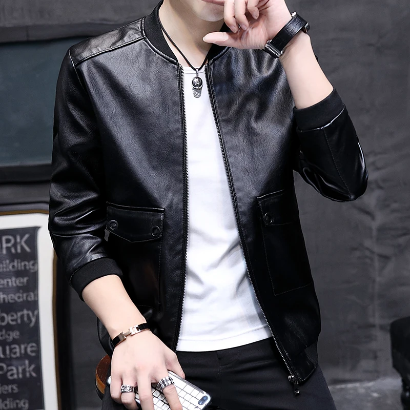 2018 Autumn Winter New Mens Leather Jacket Black Gray Red Slim Fit Motorcycle Outerwear Casual PU Leather Bomber Jacket Coat Men