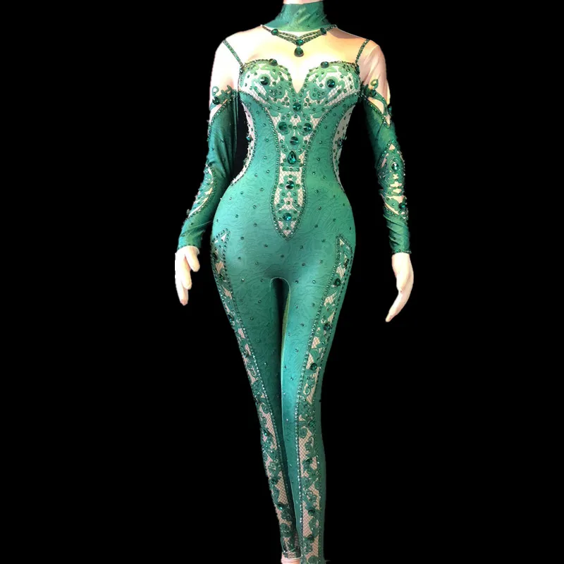 

Nightclub Wedding Birthday Party Singer Dancer Bling Jumpsuit Women Sexy Stage Gogo Costumes Glass Sparkling Crystals Bodysuit