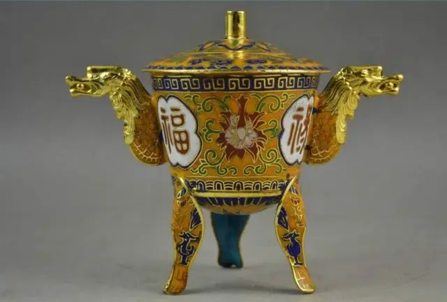 China Cloisonne Carving Flower &amp Dragon Head Shape Ears Rare Incense Burner | Дом и сад