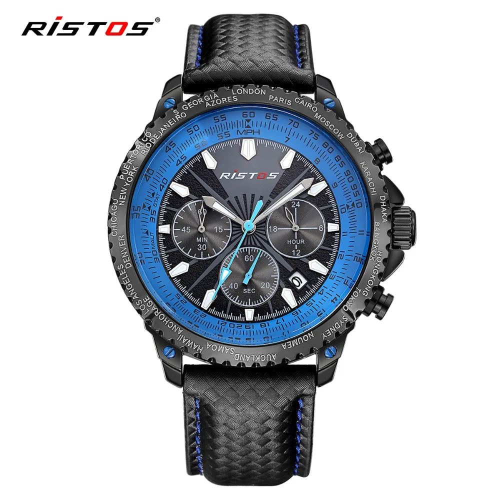 RISTOS Chronograph Watch New Fashion Sport Men Quartz Watch Calendar Leather Mens Watches Top Brand Luxury