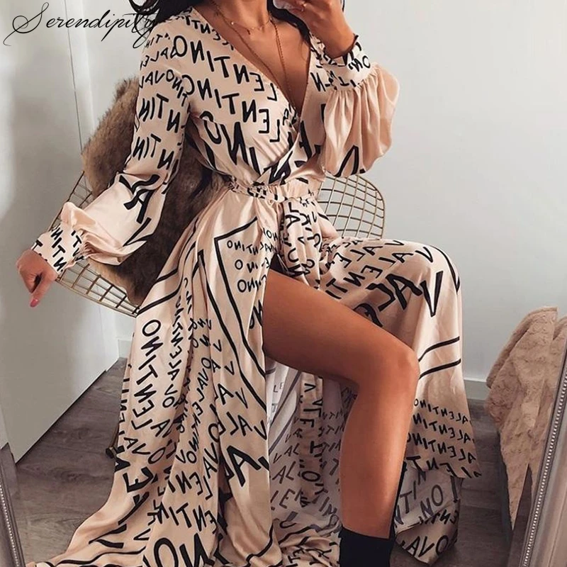 

SRDP vintage satin letter print long dress Wrap v-neck party dress robe Long sleeve maxi pink sexy dress 2019 vestidos de fiesta