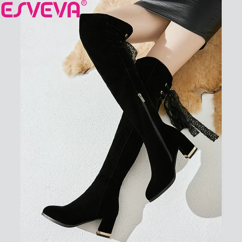 

ESVEVA 2019 Short Plush Shoes Women Lace Zip Over The Knee Boots Flock Square High Heel Autumn Boots for Woman Comfortable 34-43