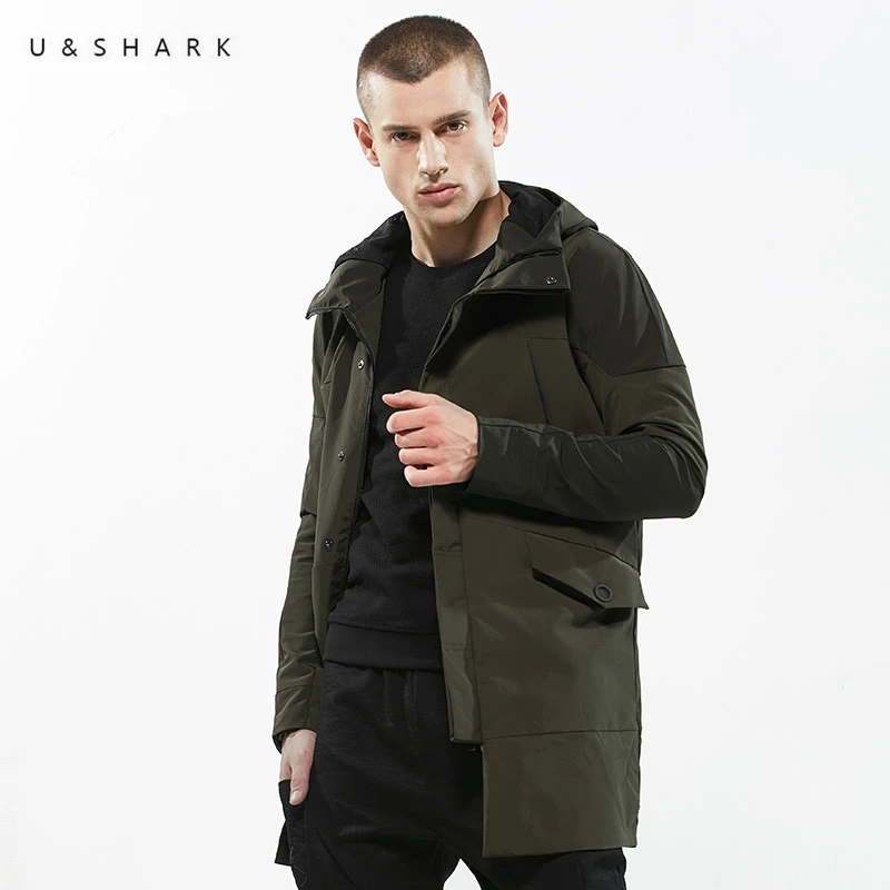 

U&SHARK 2018 Autumn Mens Trench Coat Hooded Jacket Fashion Long Trench Jacket Overcoat Army Green Black Windbreaker Coat Male