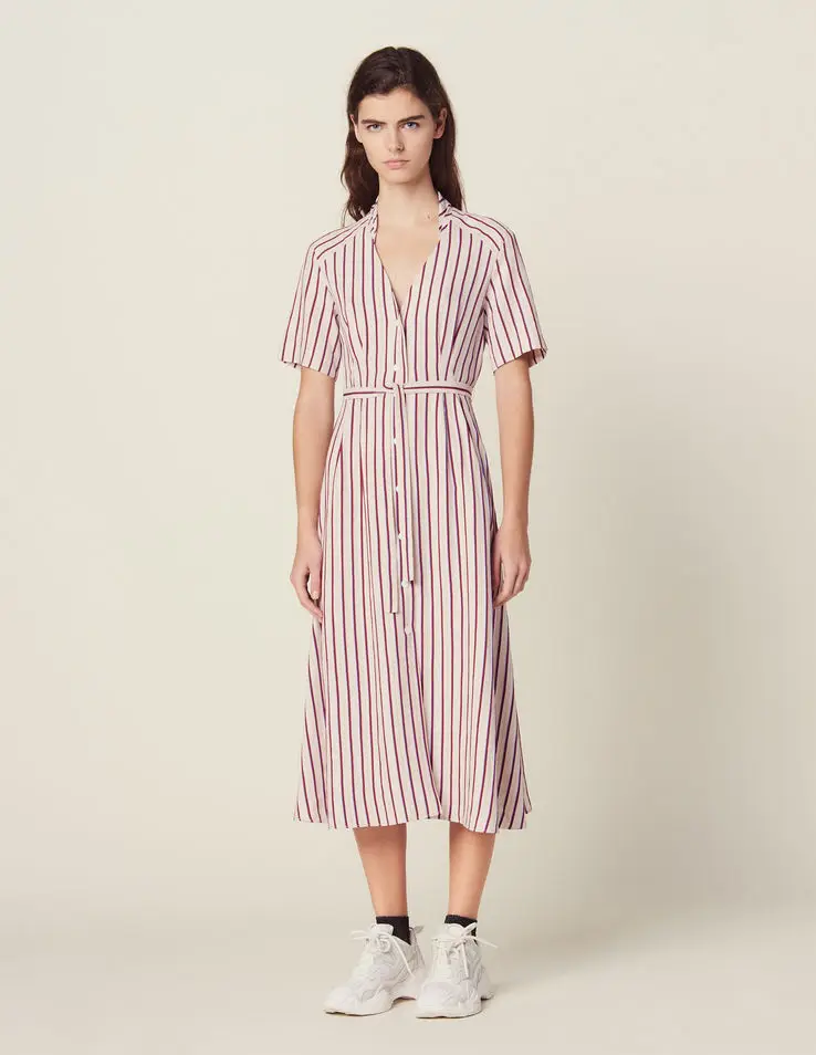 

Women Dress 2019 Spring and Summer Striped Slim Shirt Skirt V-neck Short Sleeve Dress
