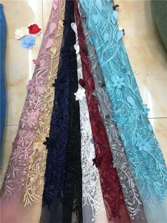 French Lace Fabrics Yellow High Quality African Net With Soft 3D Flowers beads Nigeria Tulle Mesh Wedding Dress pink green | Дом и сад