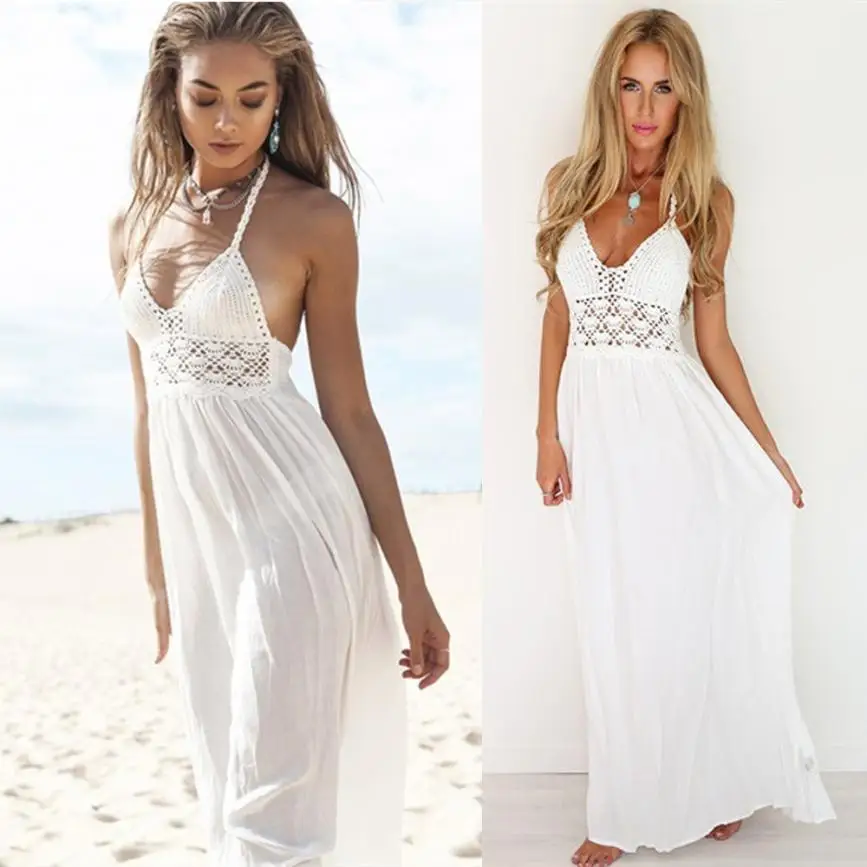 

New Sexy Women's Summer Dress Beach Dress Sundress V-Neck Crochet Backless Bohemian Halterneck Evening Party Maxi Long Dress #F