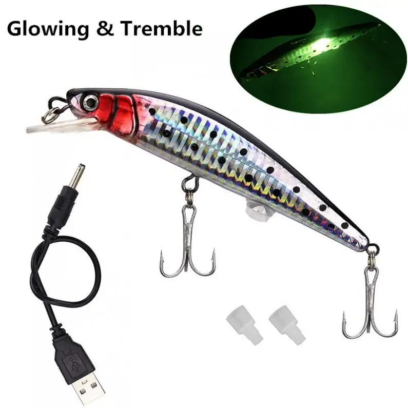 

USB Rechargeable Minnow Fishing Lure 12cm 19g Electric Flashing LED Light Tremble Lifelike Floating Bait Sea Fresh Water Fishing