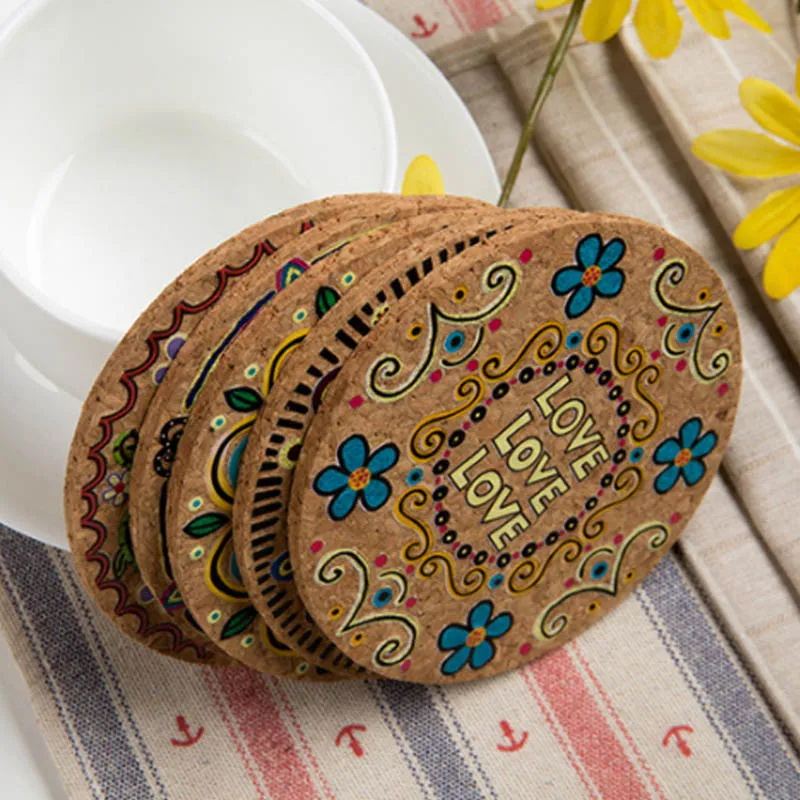 

4-piece table mat natural environmental cork insulation pot rack round drink desktop ecoration