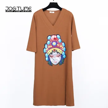 

Women T Shirt 2018 Autumn Fashion V Neck Mask Embroidery Side Split Tee Shirt Plus Size Woman Long Sleeve Long T-shirts Femme