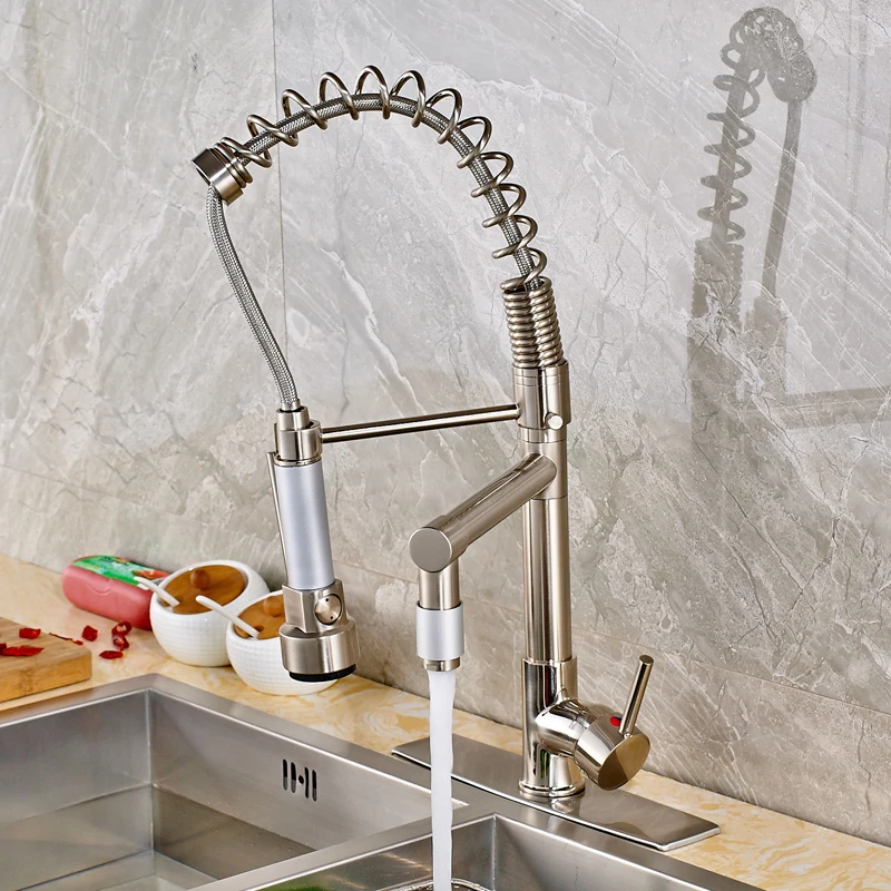 

Brushed Nickel Swivel Spout Kitchen Sink Faucet Single Handle Mixer Tap with 10 inch Cover Plate
