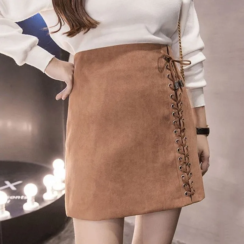 2018 Summer High Waist Faldas Mujer Lace-up Skirts Jupe Femme Lace Up Skirts Women Skirts Black Mini Suede Skirt For Women H0015 Skirts