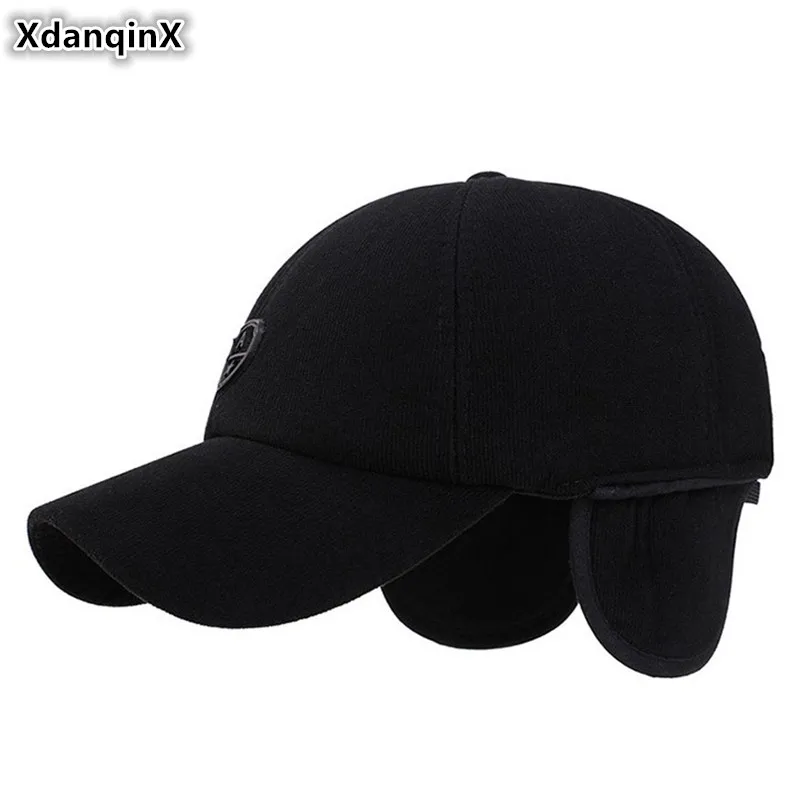 

XdanqinX Snapback Caps Adjustable Size Cotton Earmuffs Warm Baseball Cap For Men Simple Brands Men's Tongue Cap Male Winter Hat