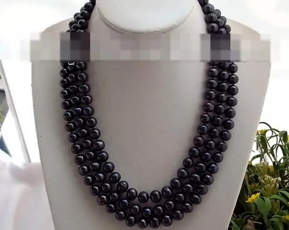 

3842 3strands round black FW pearl necklace shell flower clasp