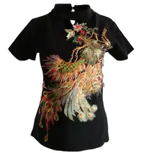 Размера плюс 4XL черная сексуальная теплая вышивка футболка с рисунком Феникса женская с коротким рукавом Осень Зима джемпер Топы