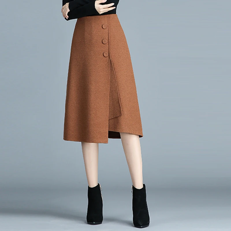 

Winter Fall Fashion Elegant Women Camel Black High Waisted Irregular Woolen Skirt , Autumn Female Woman 4xl Buttons Wool Skirts