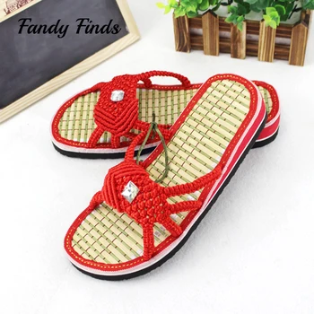 

Latest Chinese Style Hand-Woven Women Summer Slids Beach Casual Wedges Bamboo Outwear High Quality Soft Knitted Women Sandals