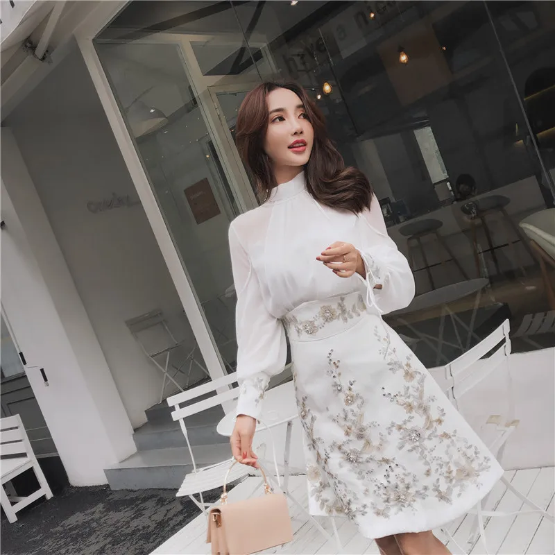 

Oshangchaopin Women New Spring Elegant White Blouse Casual Chiffon Shirt+Embroided Beaded A Line Skirt Ladies 2 Piece Skirt Suit