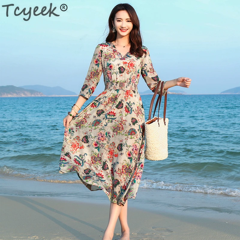 

Tcyeek Silk Long Summer Dress Women Print Floral Dresses Elegant Beach Party Dress V Neck Dresses Vestidos Verano 2019 LWL1544