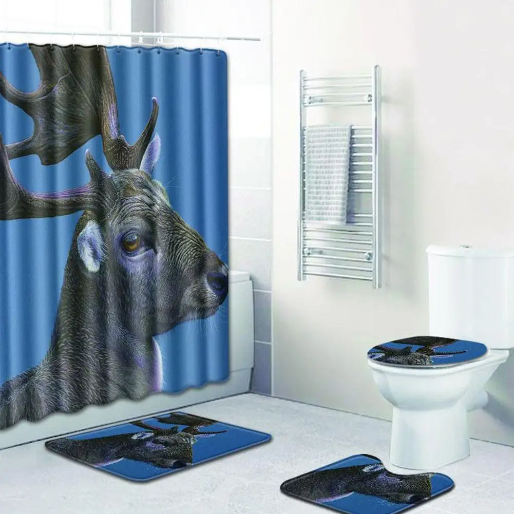 4pcs / set Elk series Printed Pattern Shower Curtain Pedestal Carpet Lid Toilet Cover Mat Bath Mat Set Bathroom Curtains with 12 hooks - Цвет: 2