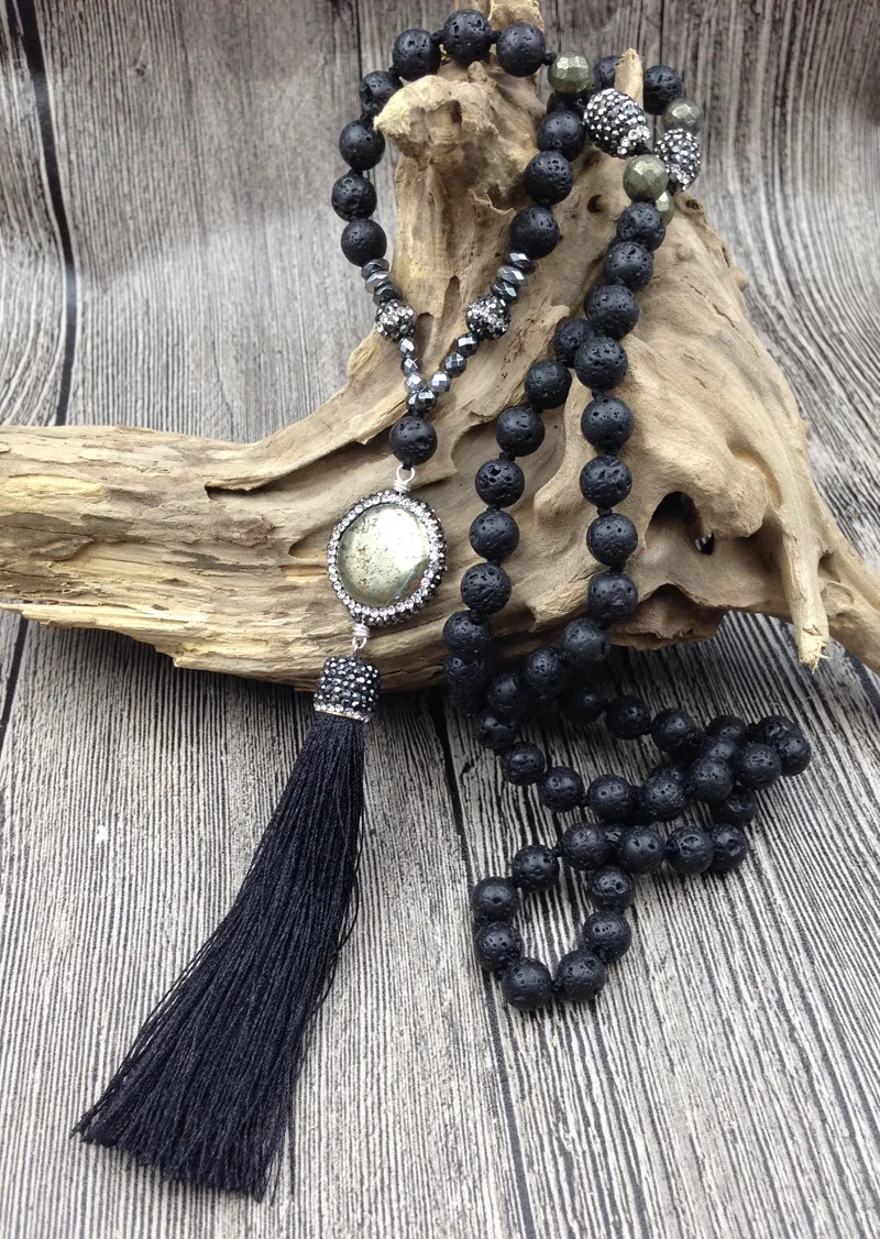 

YA2690 Pave Pyrite Stone Black Tassel Pendant Lava Stone 8mm Beads Knot Handmade Necklace Choose 30inch or 40inch long