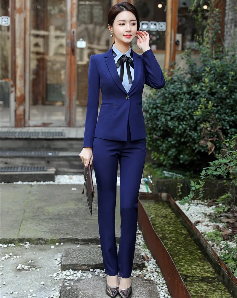 Formal Navy blue Blazer Women Business Suits with Pant and Jacket Set ...