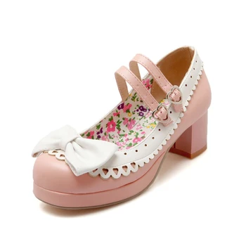 

Japanese Style PU Leather Square Heel Lace & Bowtie Sweet Lolita Cosplay Mary Jane Shoes