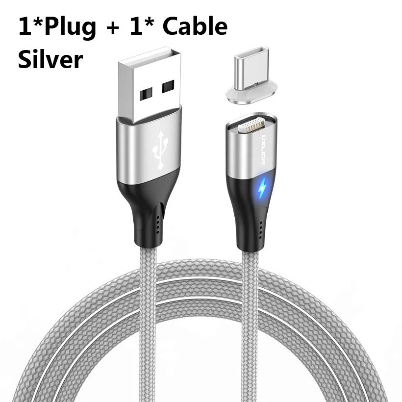 USLION 3A светодиодный магнитный кабель для быстрой зарядки для iPhone XS Micro usb type C Магнитный зарядный кабель для телефона huawei samsung Xiaomi - Color: Silver