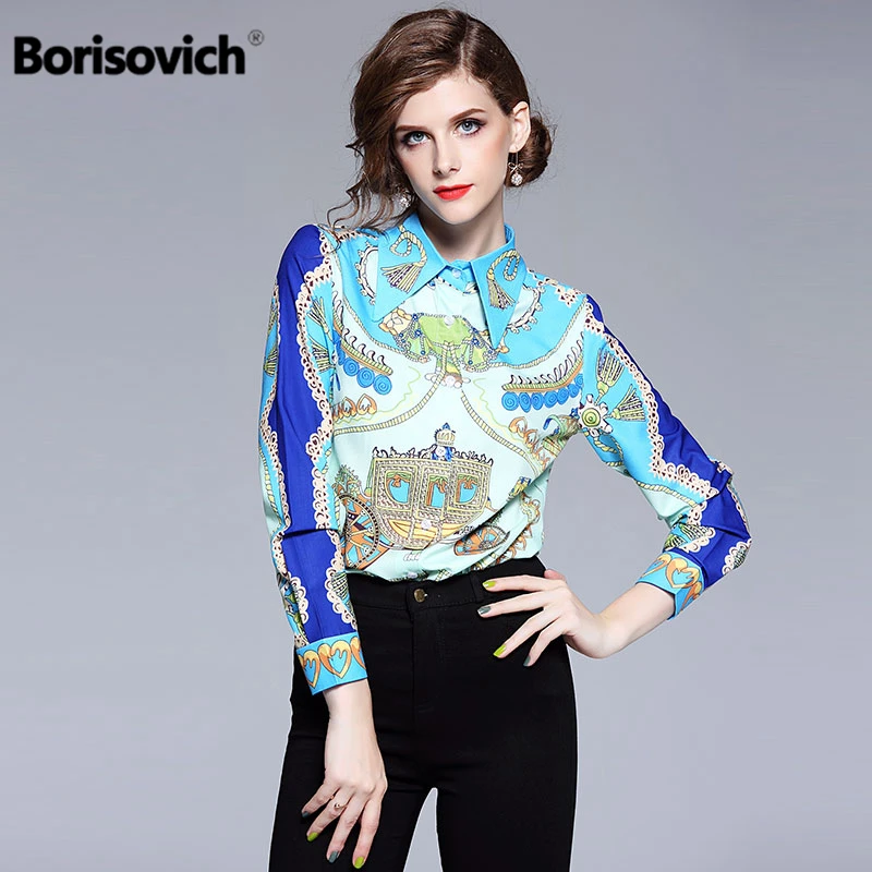 

Borisovich Women Casual Shirts New Brand 2018 Autumn Fashion Turn-down Collar Vintage Print Office Lady Blouse Shirt M756