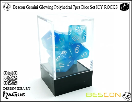 Bescon Близнецы светящиеся многогранные Dice 7 шт набор ледяной ROCKS, RPG Набор кубиков d4 d6 d8 d10 d12 d20 d%, коробка в форме лего-блока упаковки