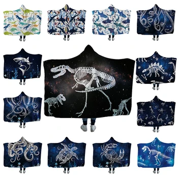

Winter Wearable Hoodie Blanket Kids Adults Fossil Dinosaur Soft Fluffy Plush Hooded Blanket Decorative Christmas Fleece Blanket