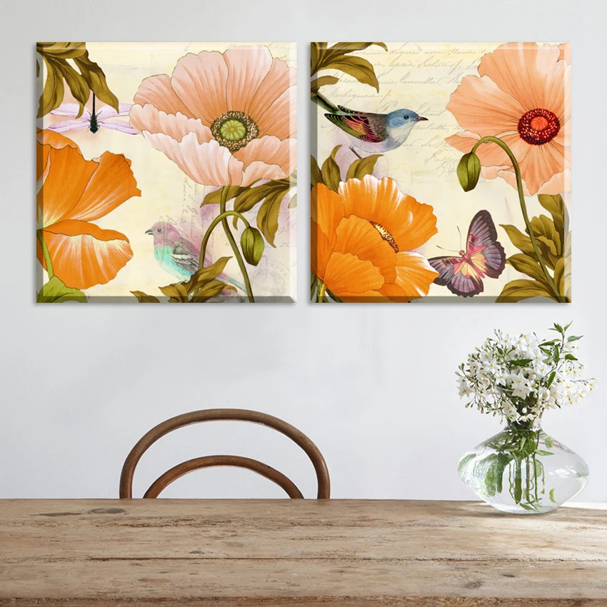 2 Piece Cheap Bloom flowers and bird Art Pictures on Canvas Prints oil