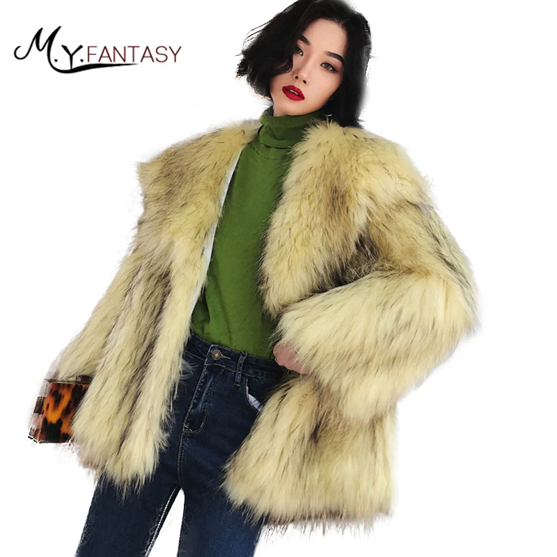 M.Y.FANSTY 2019 New Pink Loss Raccoon Dog Fur Coat Women Slim Turn Down