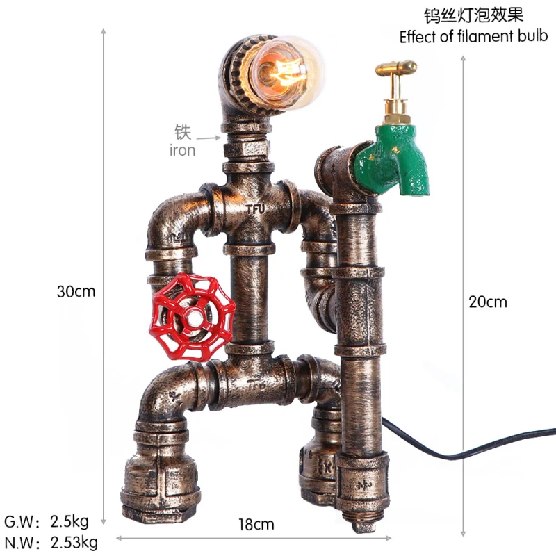 

LED Edison Retro Water Pipe Lamp American Iron Bedside Table Lamp Bar Robot Bedroom Industrial Decoration Coffee Table AV90-260V